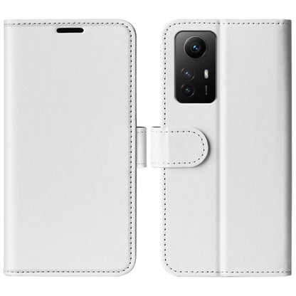 White leather flip phone case with textured finish and camera cutout