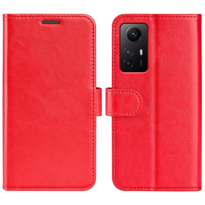 Red leather flip phone case with textured finish and camera cutout with side strap