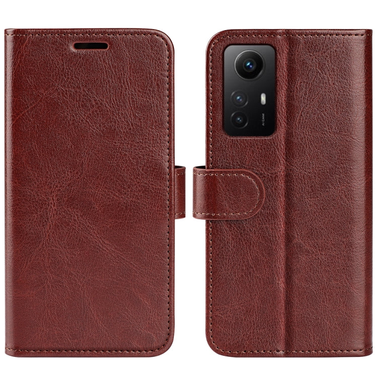 Brown leather flip phone case with textured finish and camera cutout with clasp