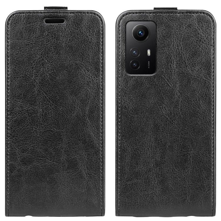 Black textured vertical flip leather phone case for Redmi Note 12S, front/back