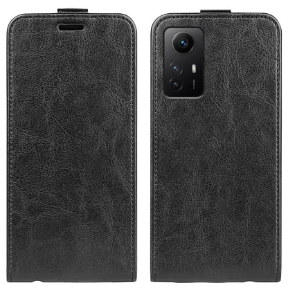 Black textured vertical flip leather phone case for Redmi Note 12S, front/back