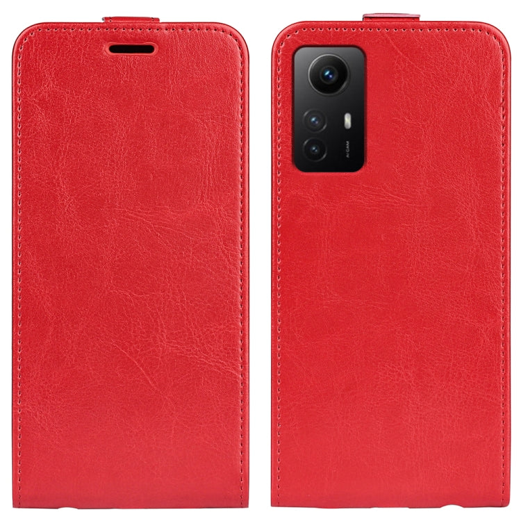 Red textured vertical flip leather phone case for Redmi Note 12S, front/back