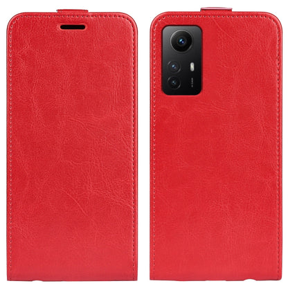 Red textured vertical flip leather phone case for Redmi Note 12S, front/back