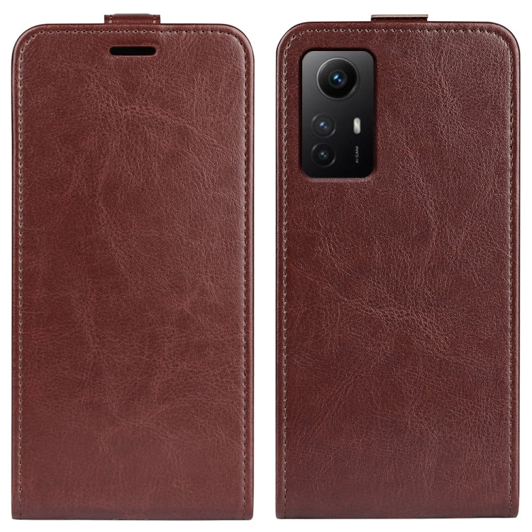 Brown textured vertical flip leather phone case for Redmi Note 12S, front/back