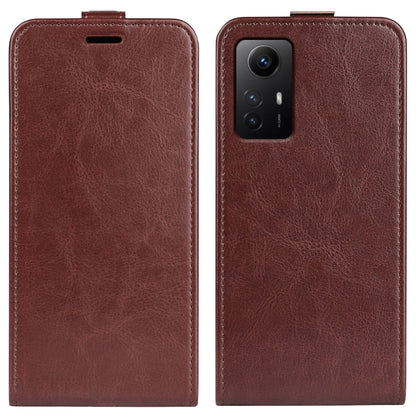Brown textured vertical flip leather phone case for Redmi Note 12S, front/back