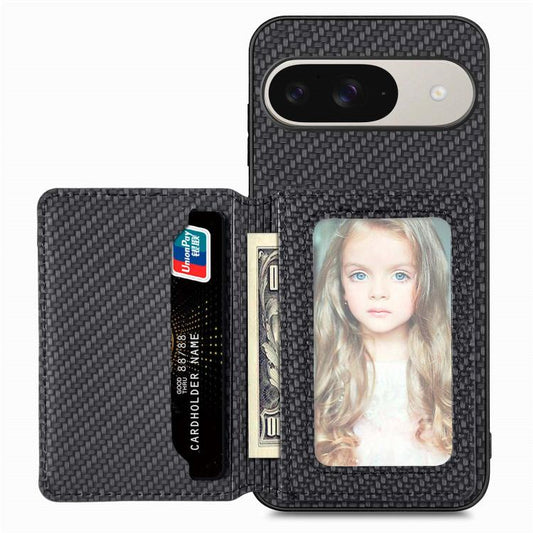 Carbon fiber magnetic card phone case, black—flip wallet with card slot and photo window