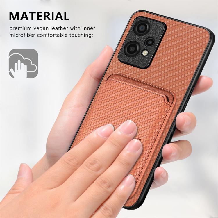 Brown carbon fiber leather MagSafe phone case with card holder panel