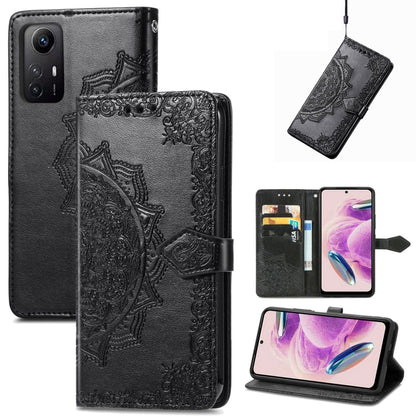 Black embossed mandala leather phone case with stand flap and cutouts for buttons