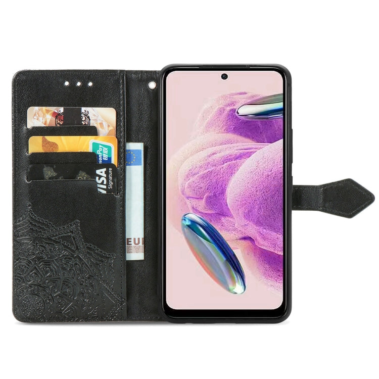 Pink embossed mandala leather phone case with card slots and fold-out holder