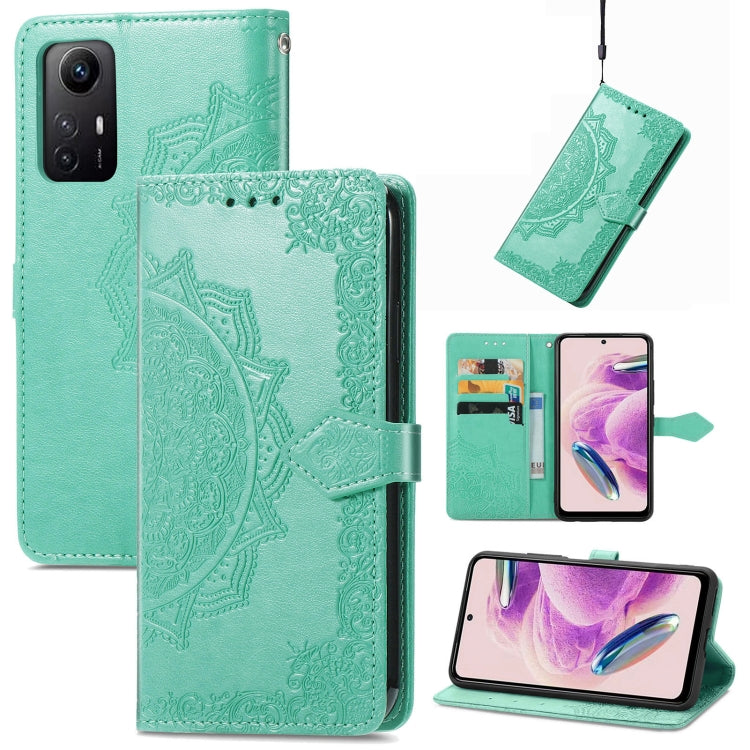 Green embossed mandala leather phone case with magnetic closure and card slot cutout