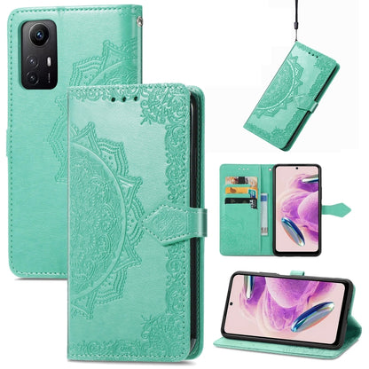 Green embossed mandala leather phone case with magnetic closure and card slot cutout