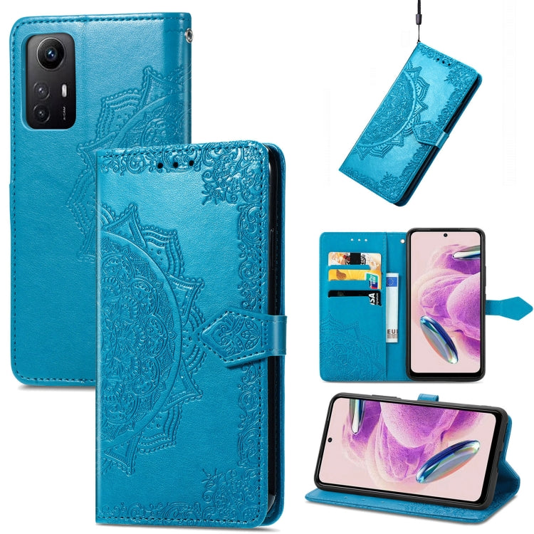 Blue embossed mandala leather phone case with embossed mandala front panel