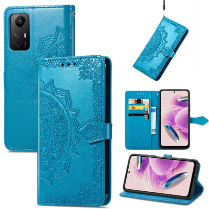 Blue embossed mandala leather phone case with embossed mandala front panel