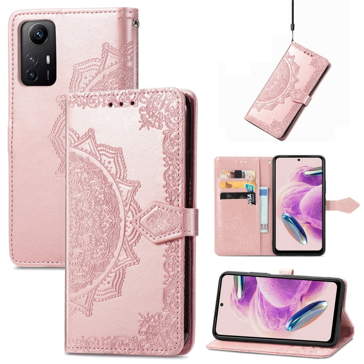 Rose pink embossed mandala leather phone case with magnetic closure strap
