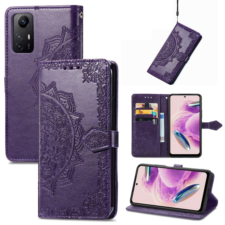 Purple embossed mandala leather phone case with card holder window and flap