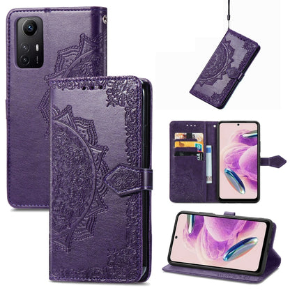 Purple embossed mandala leather phone case with card holder window and flap