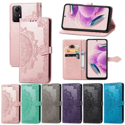 Embossed mandala leather phone case in multiple colors, fold-over cover with strap