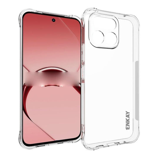 Transparent TPU phone case with raised camera cutout and ENKAY logo, front+back view