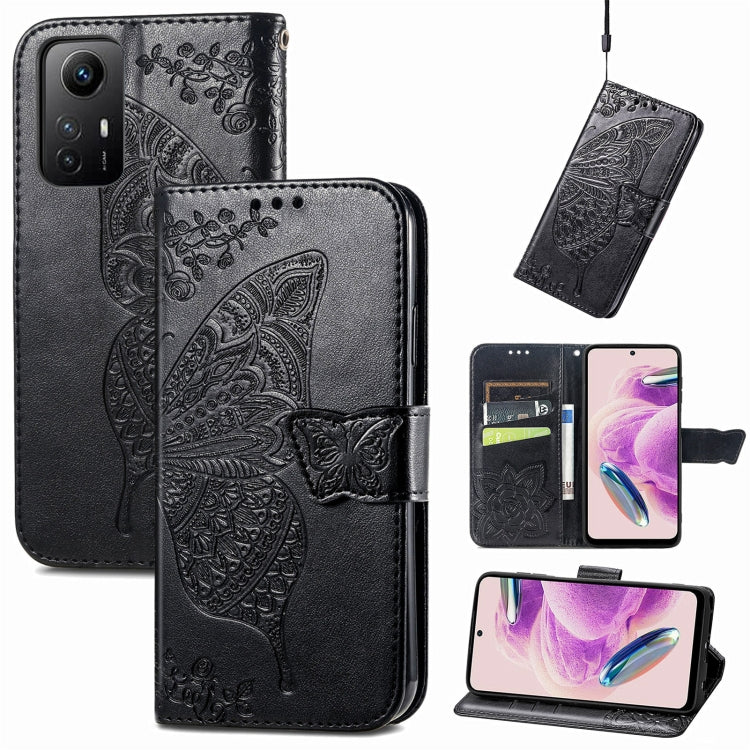 Butterfly embossed leather folio phone case with magnetic strap, black for Redmi Note 12S