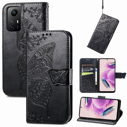 Butterfly embossed leather folio phone case with magnetic strap, black for Redmi Note 12S