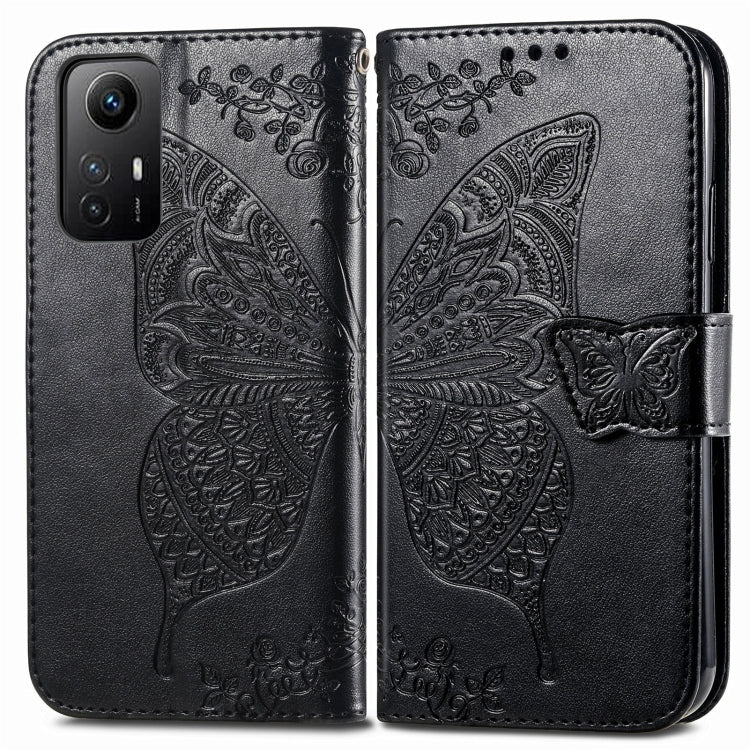 Butterfly embossed leather folio phone case with magnetic strap, black for Redmi Note 12S
