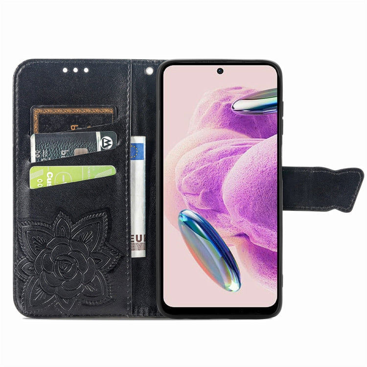 Butterfly embossed leather folio phone case with card slots, dark color for Redmi Note 12S