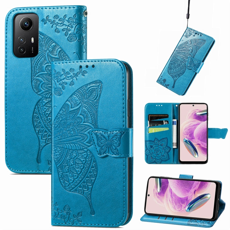 Butterfly embossed leather folio phone case with magnetic strap, blue for Redmi Note 12S