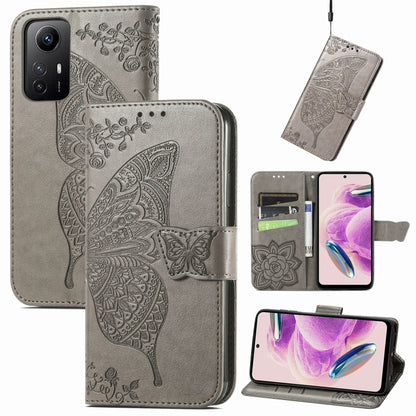 Butterfly embossed leather folio phone case with magnetic strap, gray for Redmi Note 12S