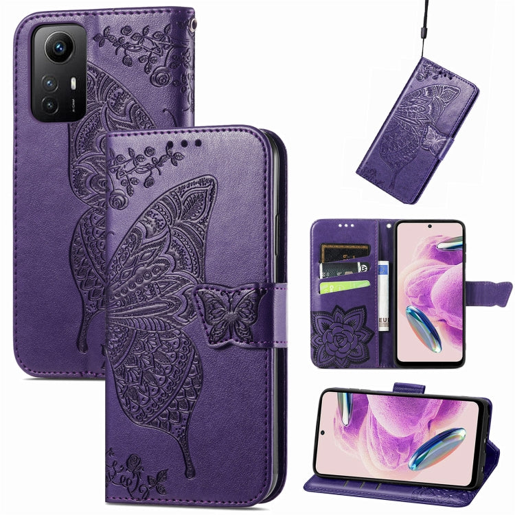 Butterfly embossed leather folio phone case with magnetic strap, dark purple for Redmi Note 12S
