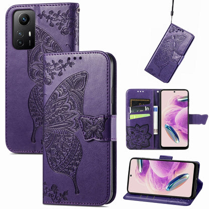 Butterfly embossed leather folio phone case with magnetic strap, dark purple for Redmi Note 12S