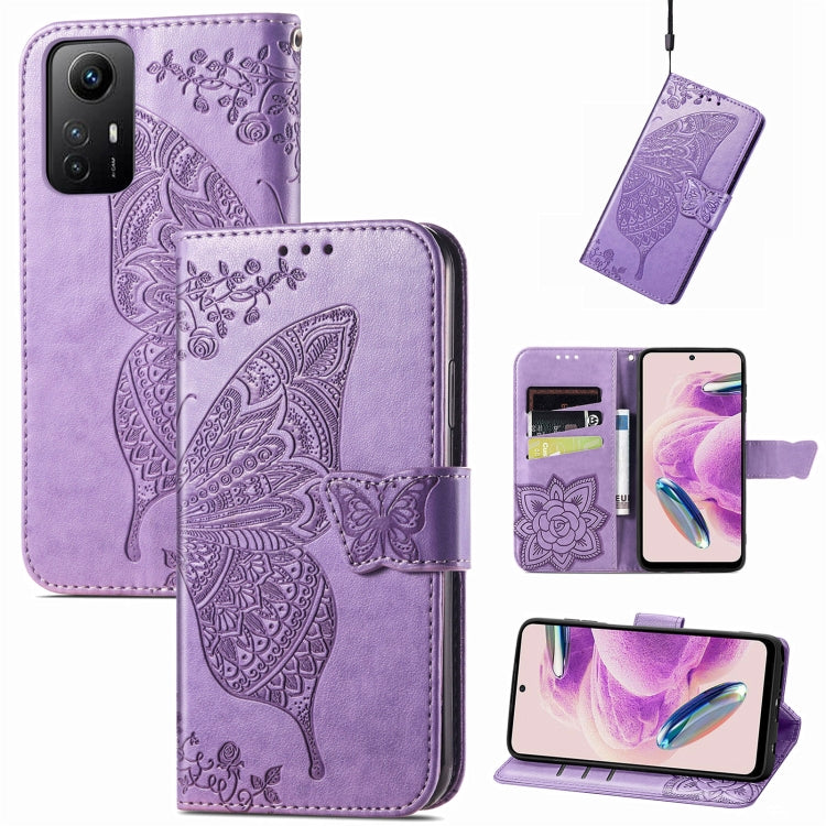 Butterfly embossed leather folio phone case with magnetic strap, light purple for Redmi Note 12S