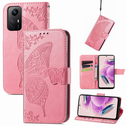 Butterfly embossed leather folio phone case with magnetic strap, pink for Redmi Note 12S