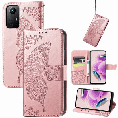 Butterfly embossed leather folio phone case with magnetic strap, rose pink for Redmi Note 12S