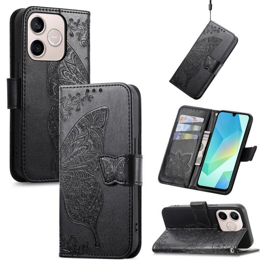 Embossed leather wallet phone case with butterfly and flower, magnetic strap, black