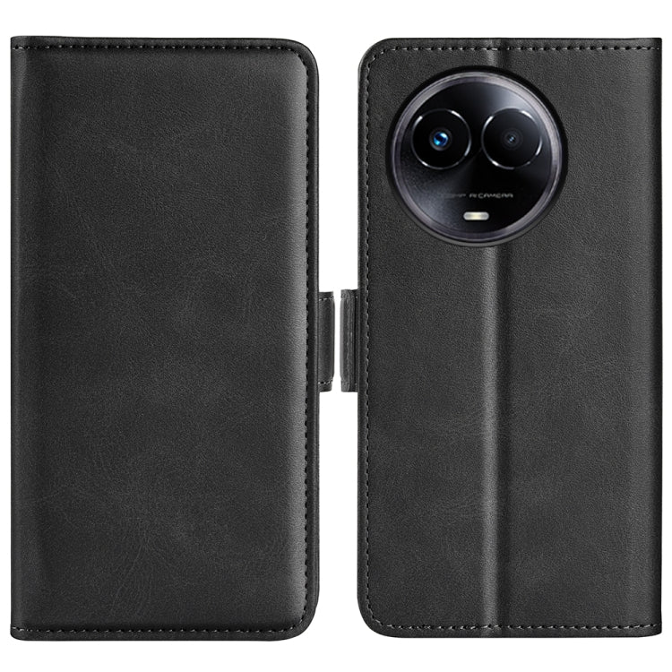Black leather horizontal flip phone case with magnetic closure, camera cutout