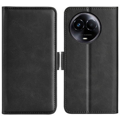 Black leather horizontal flip phone case with magnetic closure, camera cutout