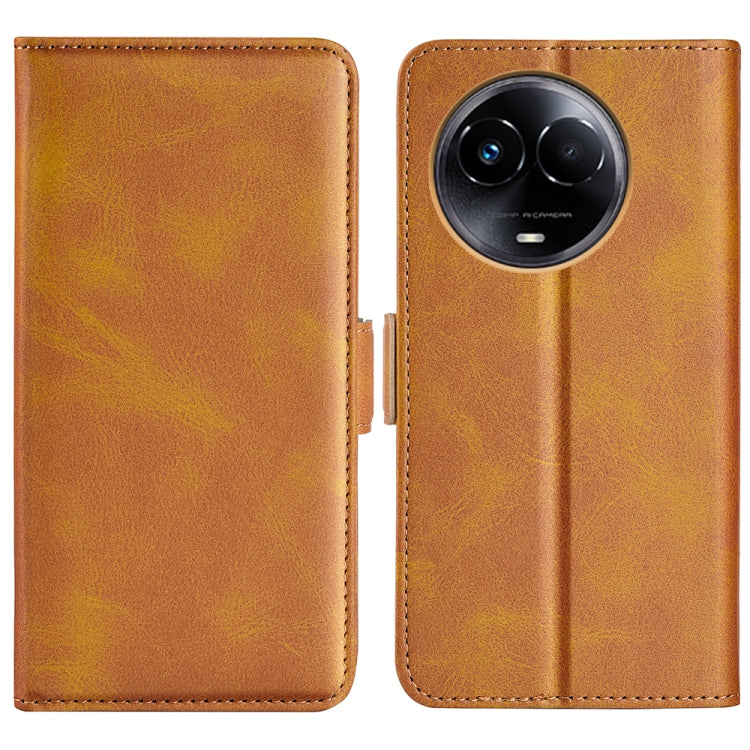 Tan leather horizontal flip phone case with magnetic closure, camera cutout
