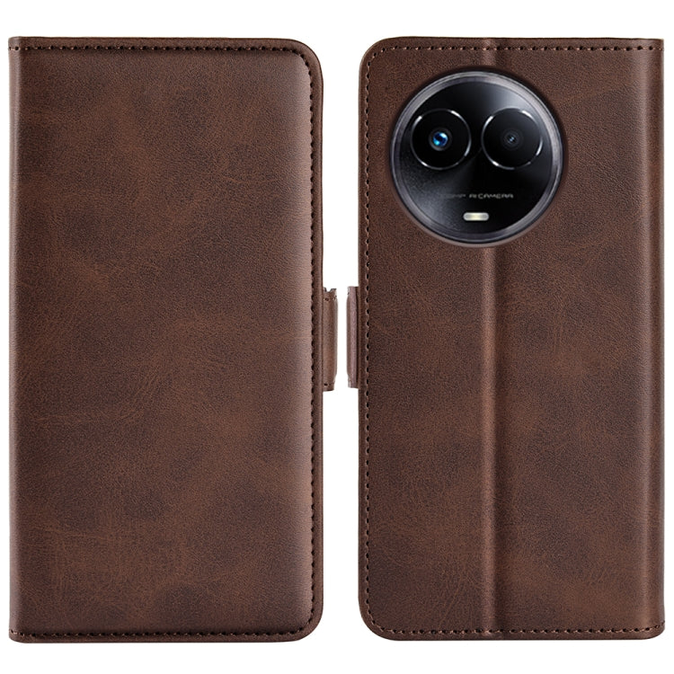 Brown leather horizontal flip phone case with magnetic closure, camera cutout