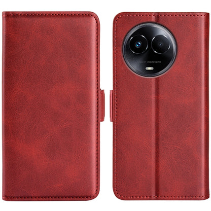 Red leather horizontal flip phone case with magnetic closure, camera cutout
