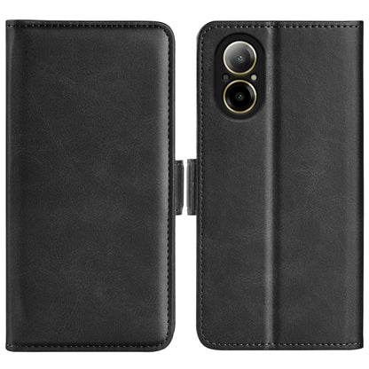 Black leather flip phone case with magnetic clasp and camera cutout, horizontal style