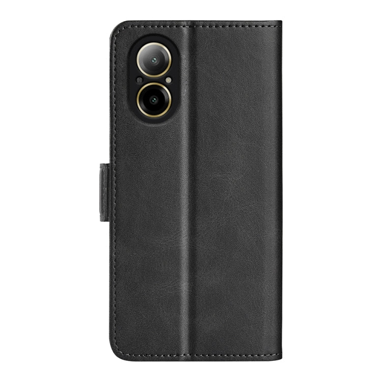 Black leather flip phone case with dual-camera cutout and magnetic closure