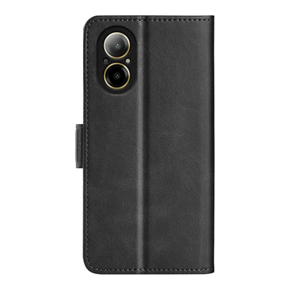 Black leather flip phone case with dual-camera cutout and magnetic closure