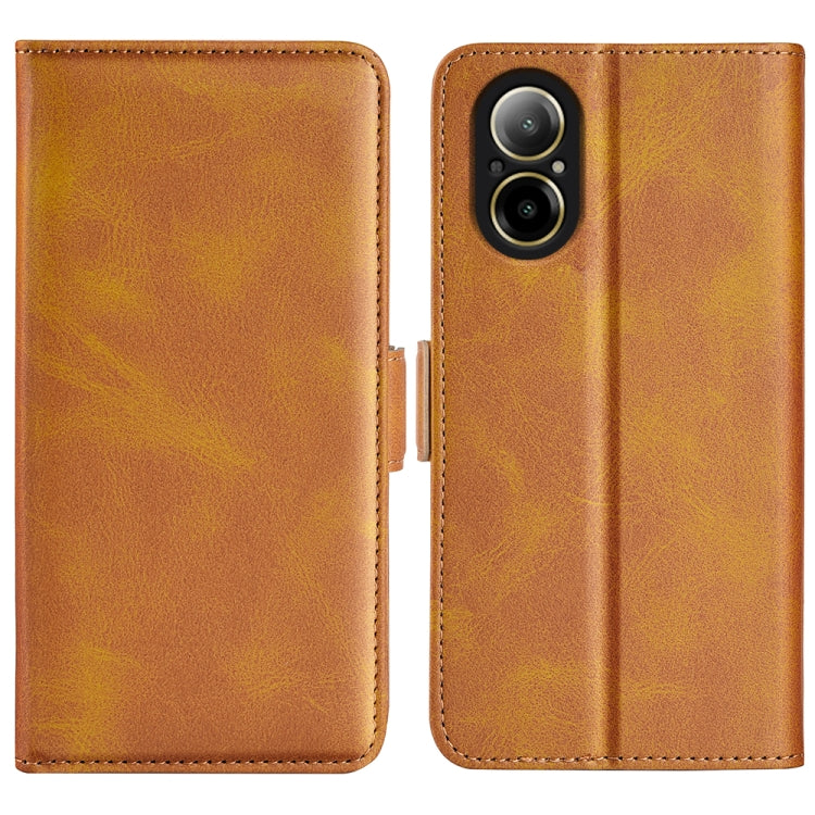 Brown leather flip phone case with magnetic clasp and camera cutout