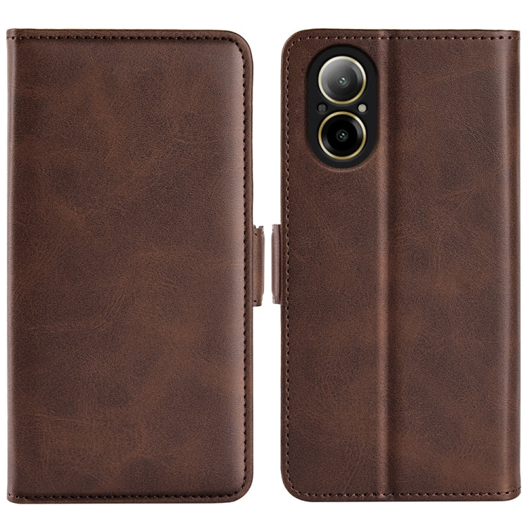 Brown leather flip phone case with stitched edges and magnetic closure, dual view