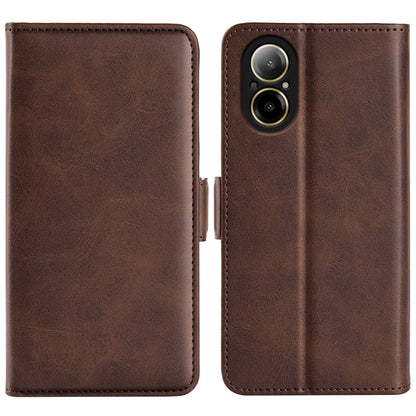Brown leather flip phone case with stitched edges and magnetic closure, dual view