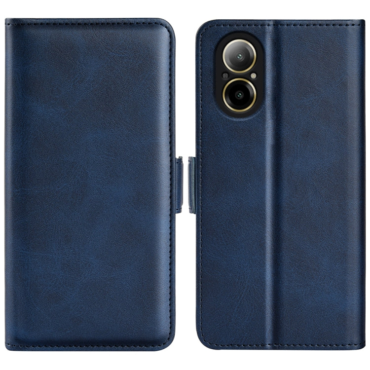 Dark blue leather flip phone case with magnetic clasp and dual-camera cutout