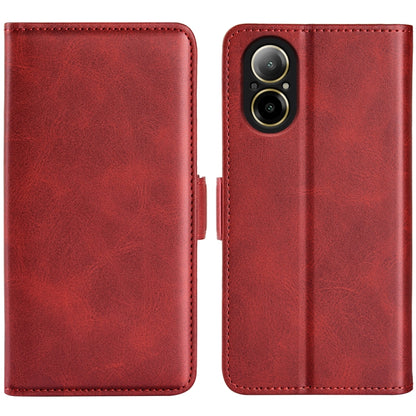 Red leather flip phone case with magnetic clasp and camera cutout