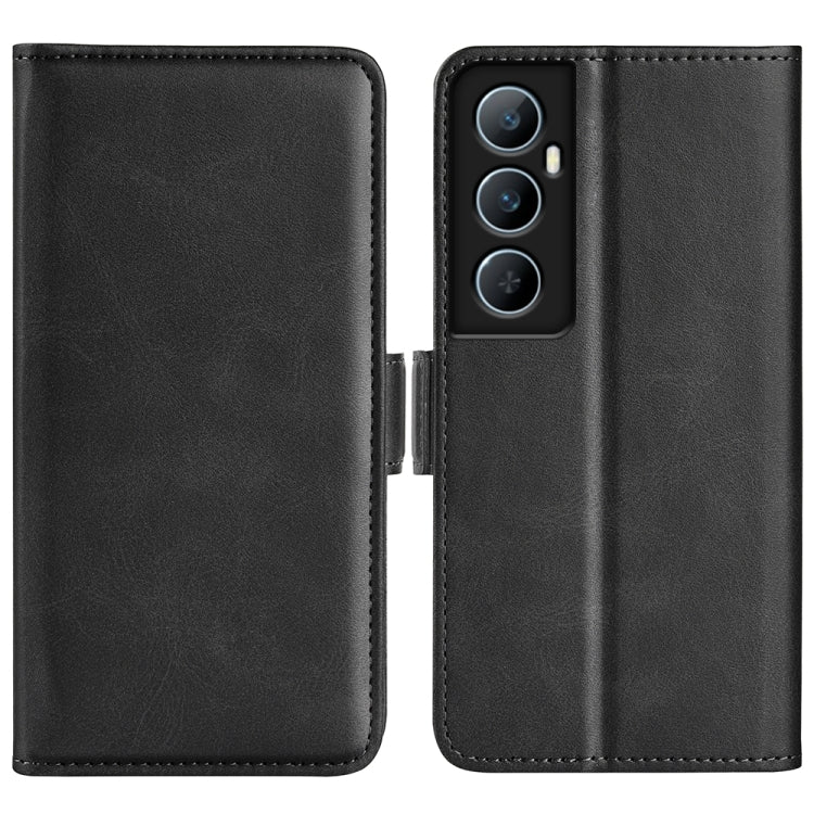Black leather horizontal flip phone case with magnetic closure, triple camera cutouts