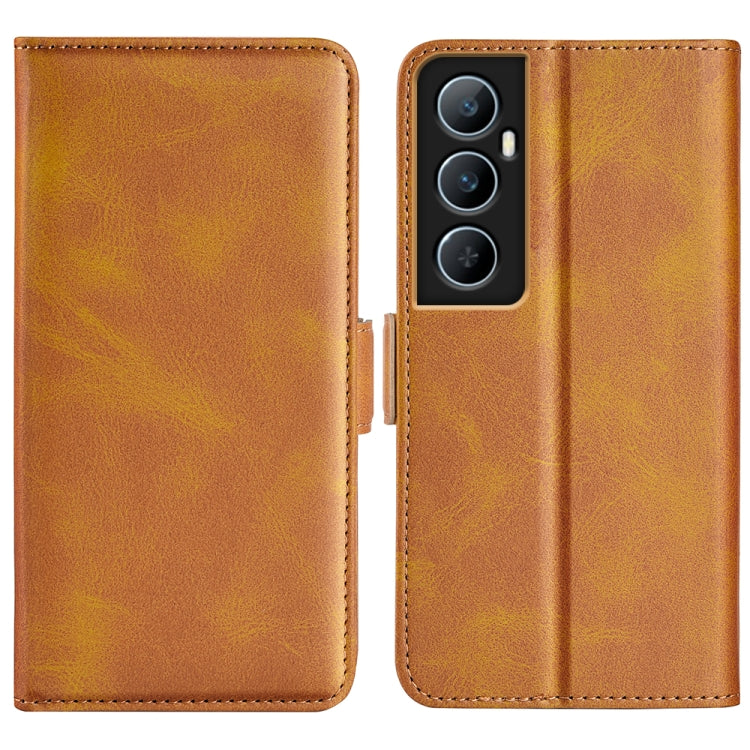 Tan leather horizontal flip phone case with magnetic closure, triple camera cutouts