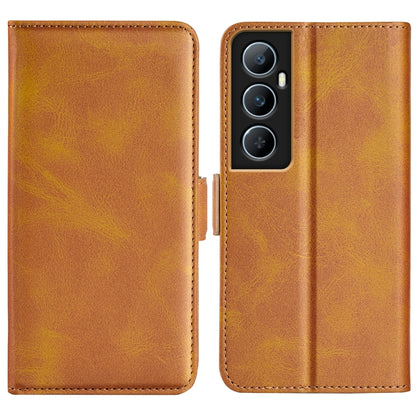 Tan leather horizontal flip phone case with magnetic closure, triple camera cutouts